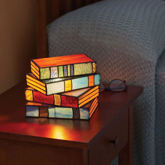 Tischlampe Buntglas Vintage Bücher Design