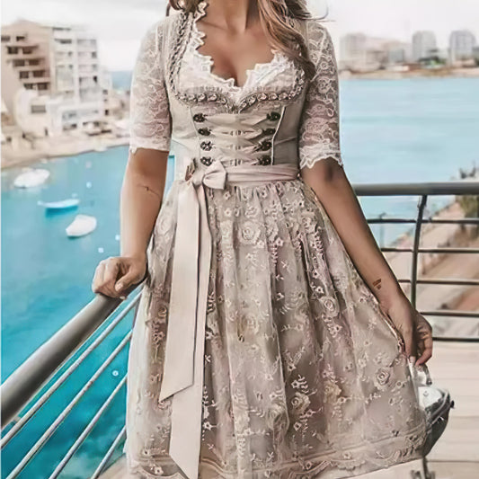 Damen Oktoberfest Spitzen Dirndl Kleid | Langarm, Midi