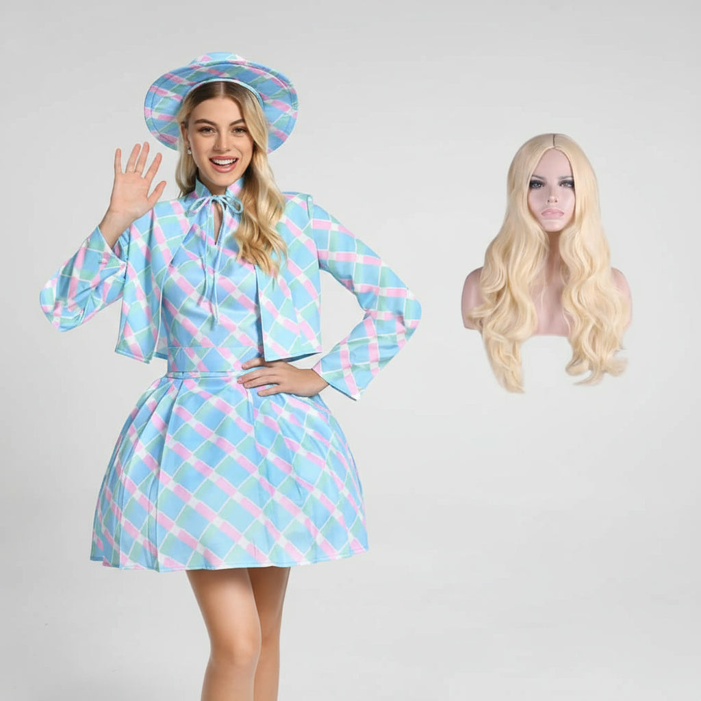 Kostüm Damen 60er Jahre Blau Kariert Kleid Cape Hut Retro Karneval