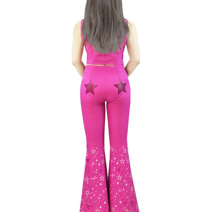 Retro Pink Cowgirl Kostüm Damen 70er Jahre Disco Outfit mit Schlaghose