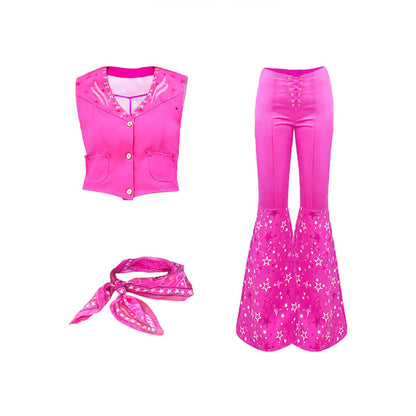 Retro Pink Cowgirl Kostüm Damen 70er Jahre Disco Outfit mit Schlaghose