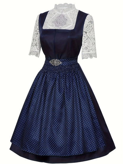Damen Oktoberfest Hochgeschlossenes Dirndl Kleid | Midi