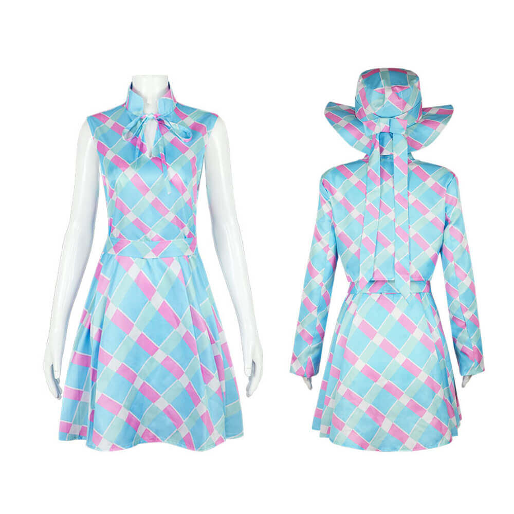 Kostüm Damen 60er Jahre Blau Kariert Kleid Cape Hut Retro Karneval