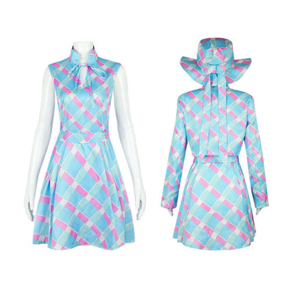 Kostüm Damen 60er Jahre Blau Kariert Kleid Cape Hut Retro Karneval