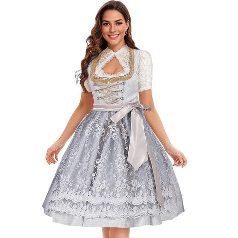 Damen Oktoberfest Hochgeschlossene Dirndl Kleid | Langarm, Midi