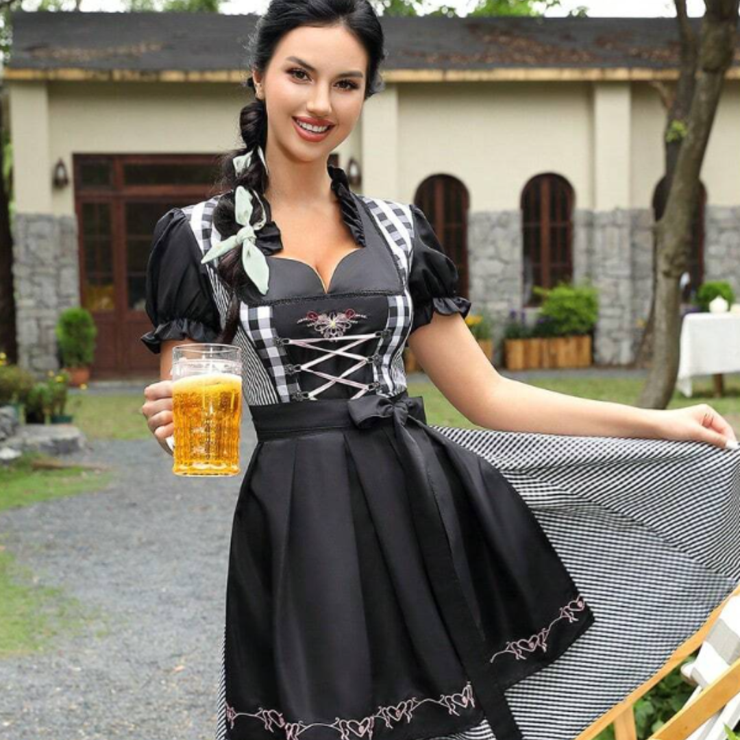 Damen Oktoberfest Dirndl Kleid | Kurz Schwarz-Weiß Kariert