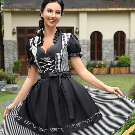 Damen Oktoberfest Dirndl Kleid | Kurz Schwarz-Weiß Kariert