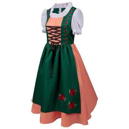Damen Oktoberfest Dirndl Kleid 2025 | Hochgeschlossen Rotstickerei | Midi