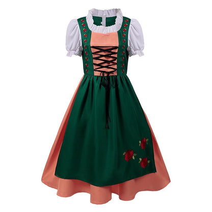 Damen Oktoberfest Dirndl Kleid 2025 | Hochgeschlossen Rotstickerei | Midi